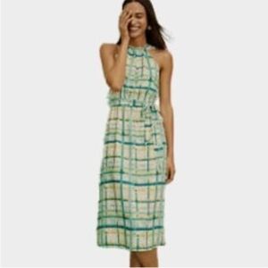 Ann Taylor Green, Yellow and White Lined Plaid Midi Dress